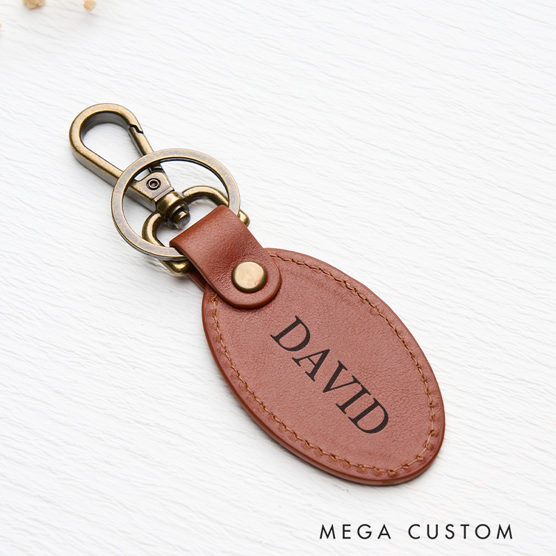 Personalized Leather Keychain for Men Custom Oval Keychain with Name Engraved Leather Key Chain Anniversary Gift for Him Groomsmen Gift Birthday Gift