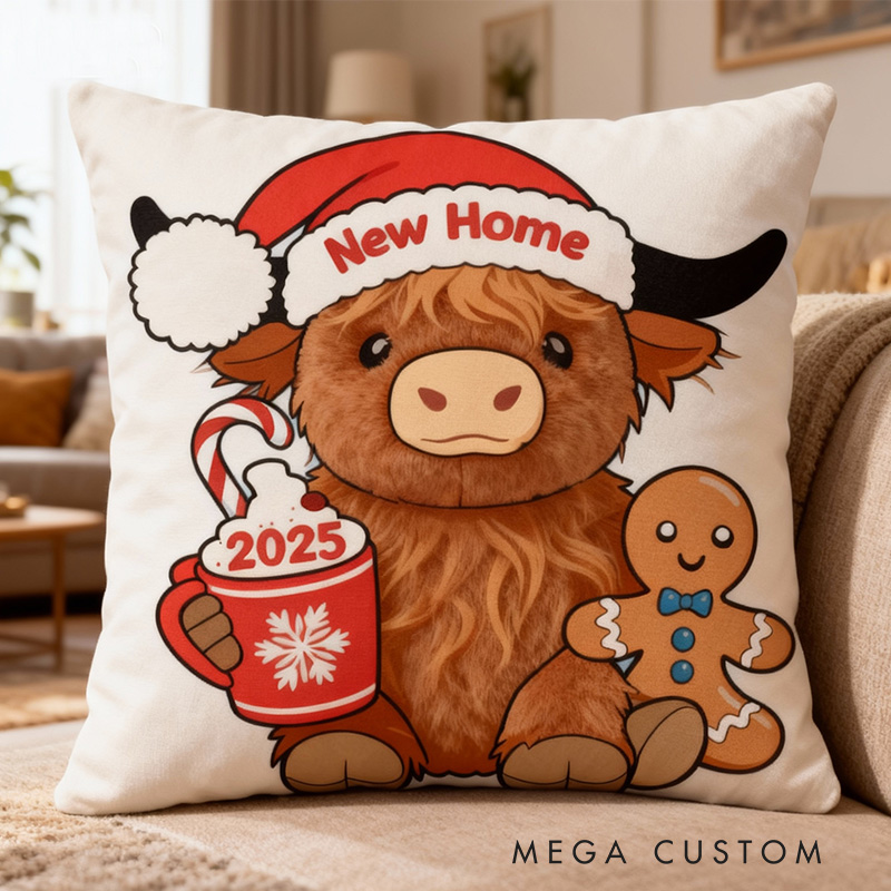 Personalized Christmas Pillow Highland Cow Design Cozy Decorative Cushion with New Home Theme Perfect Holiday Gift for 2025 Festivities