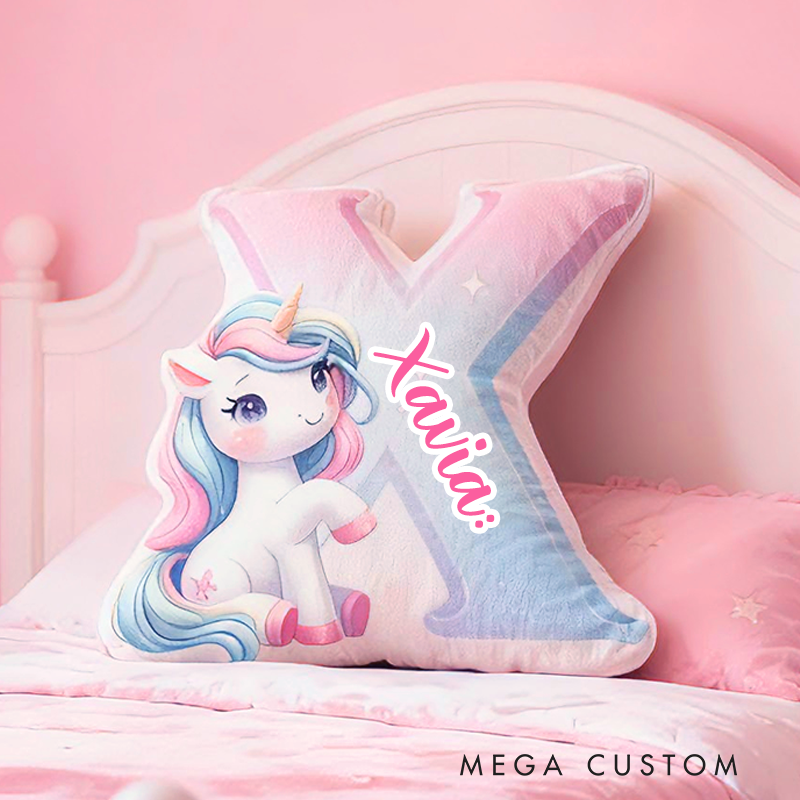 Personalized Cartoon Cute pink unicorn Initials with Name Graphic 3D Print Pillow Christmas Gift for Kids 