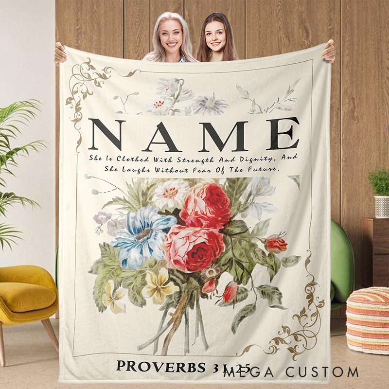 Personalized She is Clothed with Strength and Dignity Soft Throw Blanket for Women with Custom Name Home Decor Religious Birthday Gift for Wife Mom