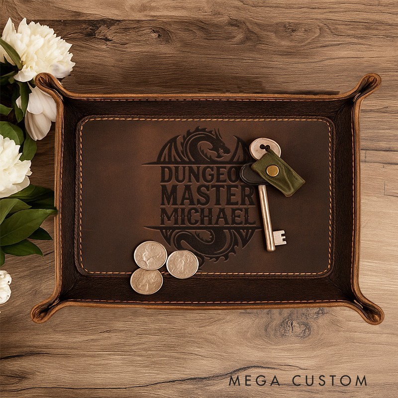 Personalized Dungeon Master Leather Tray DND Gamer Catchall Geek DM Leather Valet Tray Dice Tray for Him