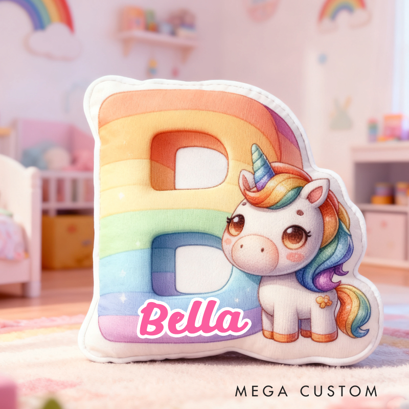 Personalized Cartoon Pink Unicorns Initials with Name Graphic 3D Print Pillow Christmas Gift for Kids 