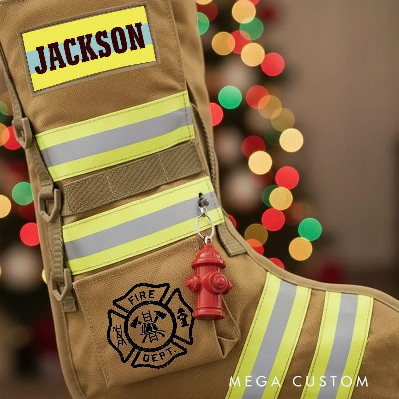 Personalized Firefighter Christmas Stocking with Custom Name and Reflective Stripes Unique Christmas Firefighter Gift