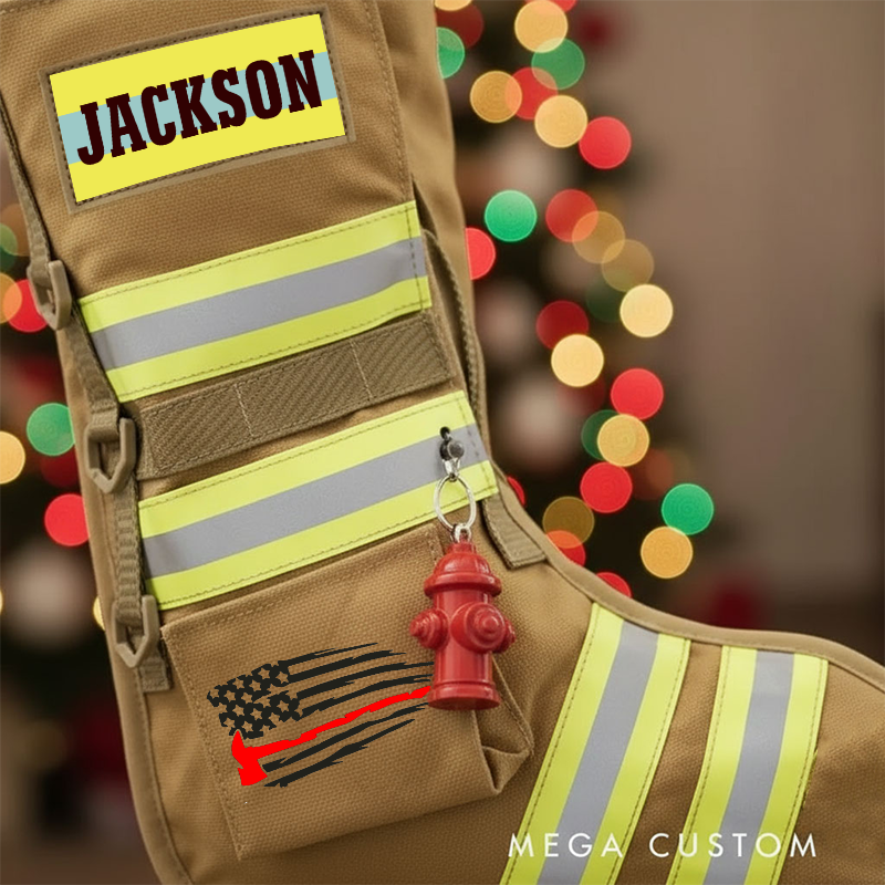 Personalized Firefighter Christmas Stocking with Custom Name Reflective Stripes and Flag Patch Perfect Holiday Gift