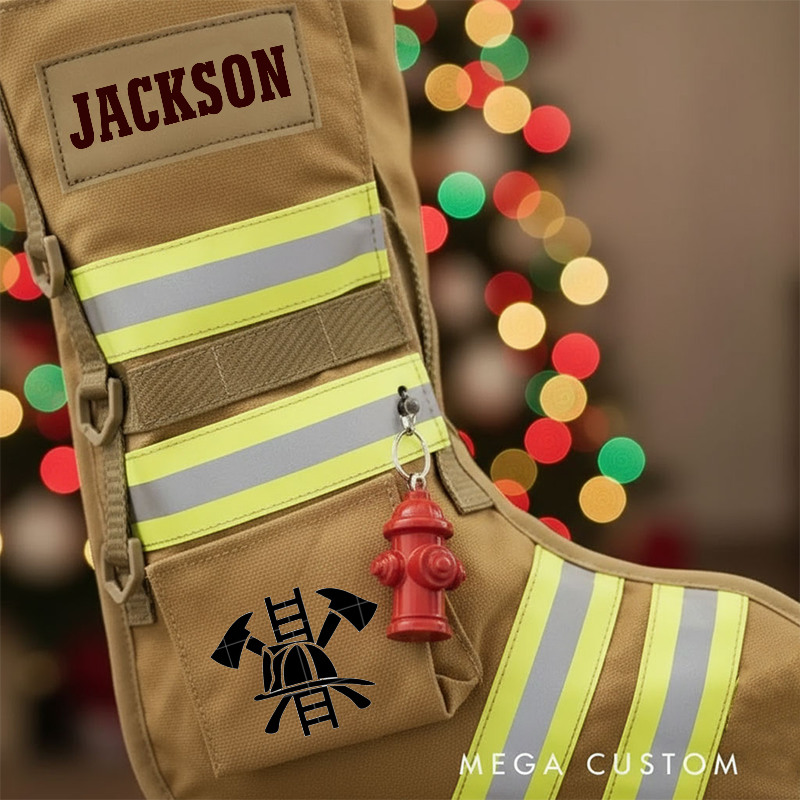 Personalized Firefighter Christmas Stocking with Custom Name Reflective Stripes and Firefighter Symbol Perfect Holiday Gift