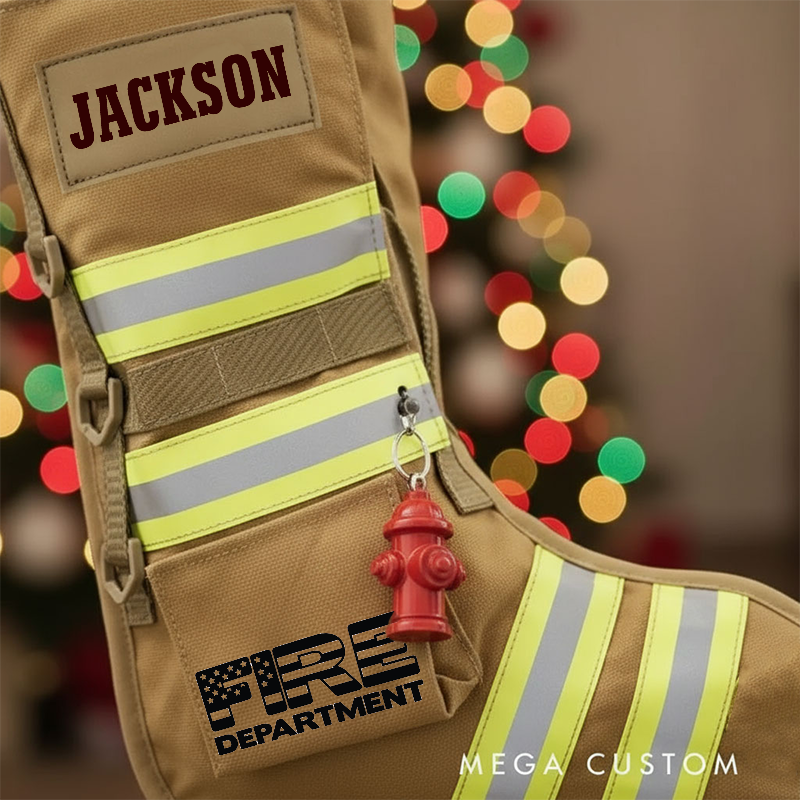 Personalized Firefighter Christmas Stocking with Custom Name Reflective Stripes and Fire Department Logo Perfect Holiday Gift