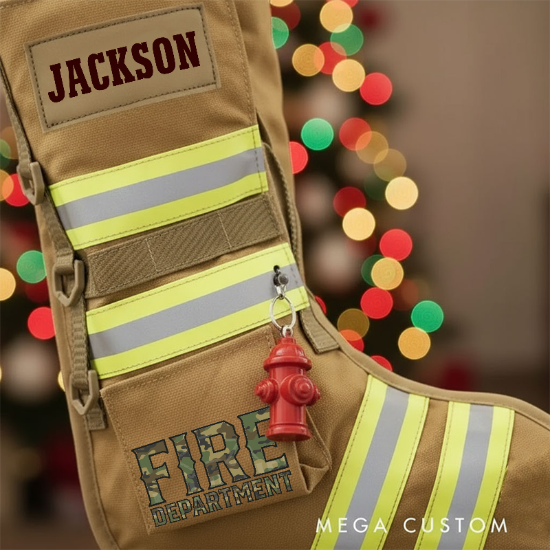 Personalized Firefighter Christmas Stocking with Custom Name Reflective Stripes and Fire Department Logo Perfect Holiday Gift