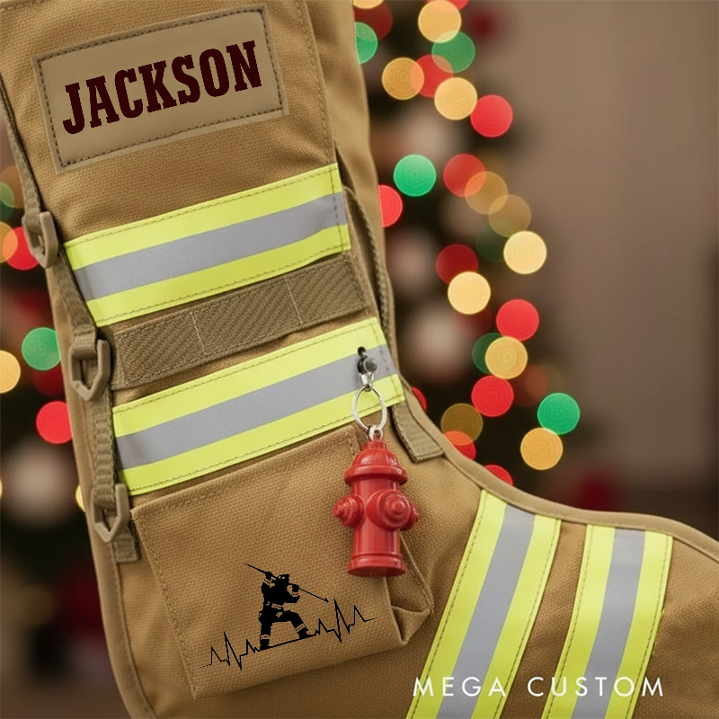 Personalized Firefighter Christmas Stocking with Custom Name Reflective Stripes and Firefighter Dog Design Perfect Holiday Gift