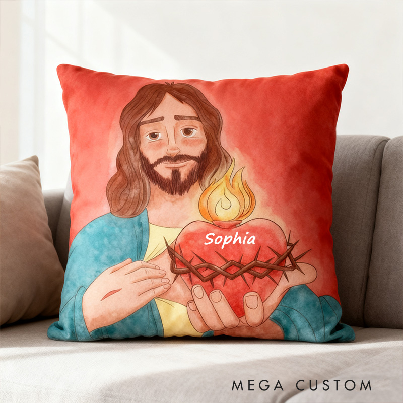 Personalized Sacred Heart of Jesus Throw Pillow Cover with Name Home Decor Jesus Warmth Pillow Religious Christian Gift