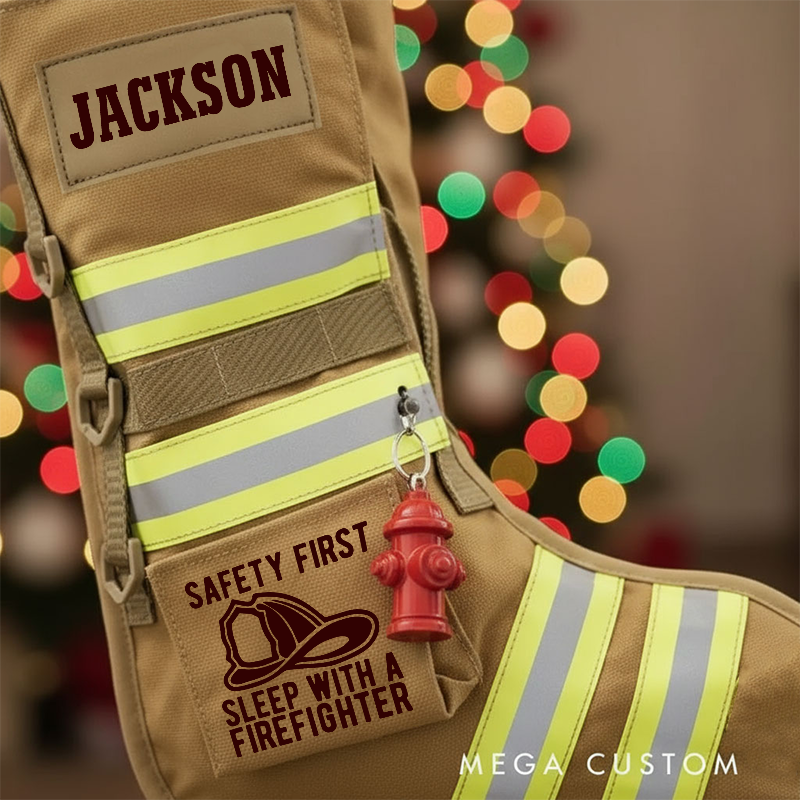 Personalized Firefighter Christmas Stocking with Custom Name Reflective Stripes and Firefighter Dog Design Perfect Holiday Gift