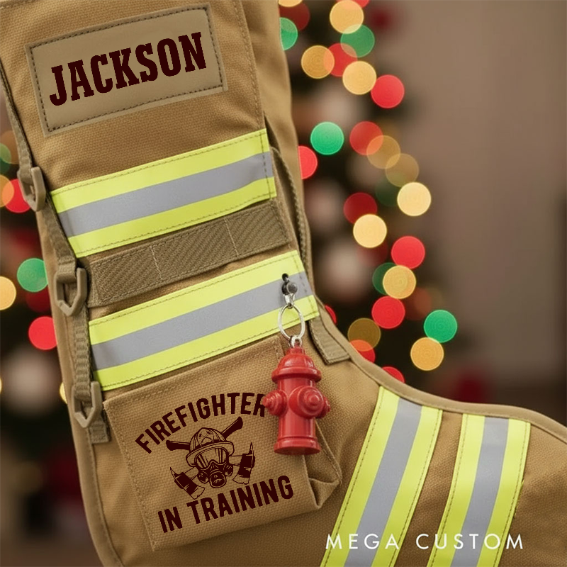 Personalized Firefighter Christmas Stocking with Custom Name Reflective Stripes and Firefighter Dog Design Perfect Holiday Gift