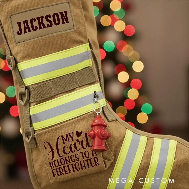 Personalized Firefighter Christmas Stocking with Custom Name Reflective Stripes and Firefighter Dog Design Perfect Holiday Gift