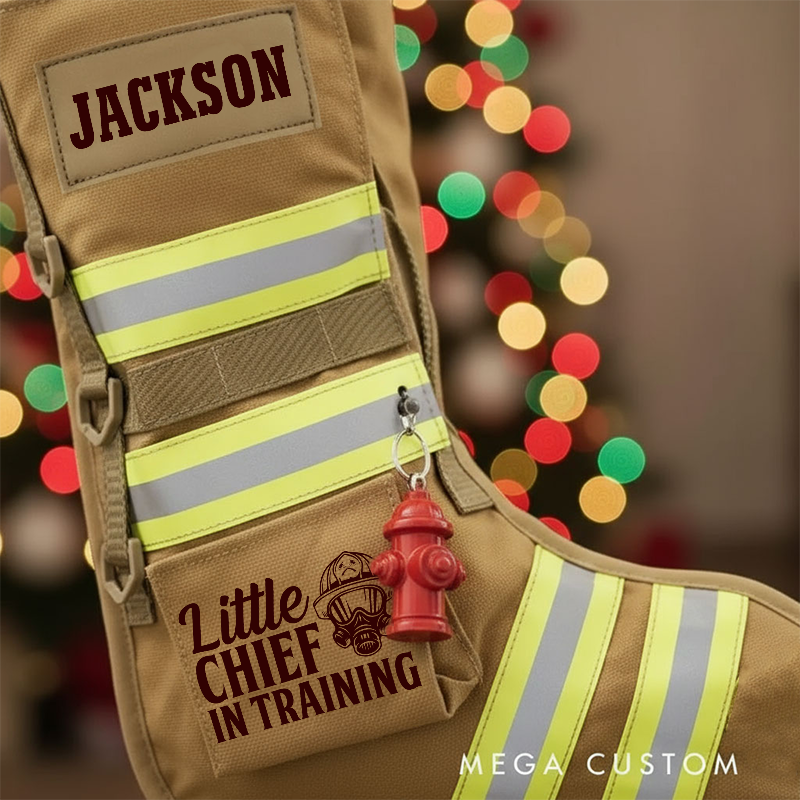 Personalized Firefighter Christmas Stocking with Custom Name Reflective Stripes and Firefighter Dog Design Perfect Holiday Gift