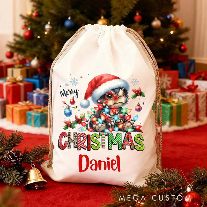 Personalized Lanterns Santa Hat Dinosaur Large Canvas Drawstring Gift Bag with Name Christmas Gift for Family Friends