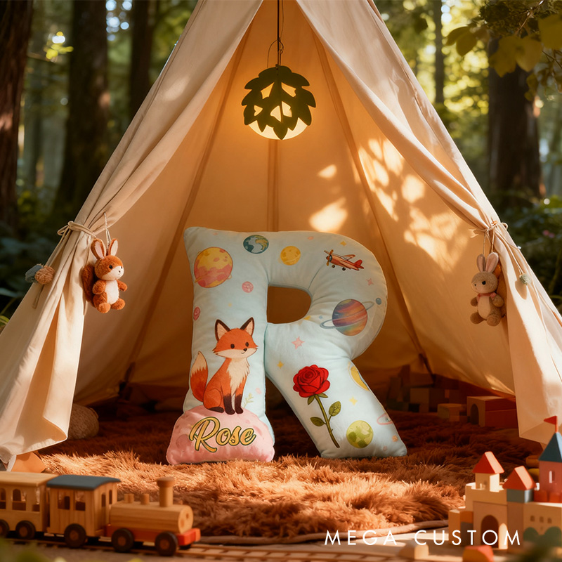 Personalized Cartoon Fox And Rose Alphabet Shaped Pillow for Cartoon Lovers Initial Pillow Christmas Gift for Kids