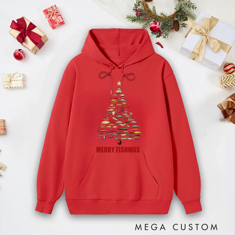 Personalized Fishing Christmas Tree Hoodie Fishing Lure Christmas Tree Hoodie Christmas Tree Sweatshirt Cozy Holiday Gift for Anglers