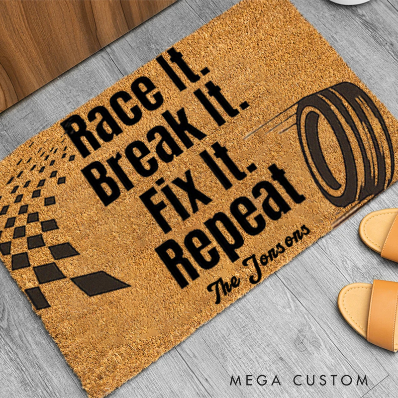 Personalized Racing Quote Welcome Mat Custom Name Race It Break It Fix It Repeat Doormat Gift for Racers and Car Lovers