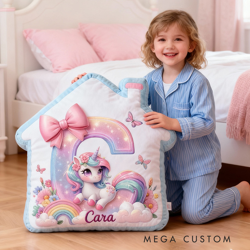Personalized Unicorn Pillow House-Shaped 26 Letters Custom Name Design Perfect for Girl's Bedroom Decor and Gift Idea Graphic 3D Print