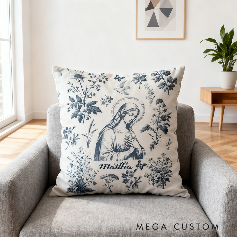 Personalized Catholic Virgin Mary Toile Throw Pillow Cover with Name Home Decor Our Lady Vintage Floral Catholic Throw Pillow Christian Gift for Women