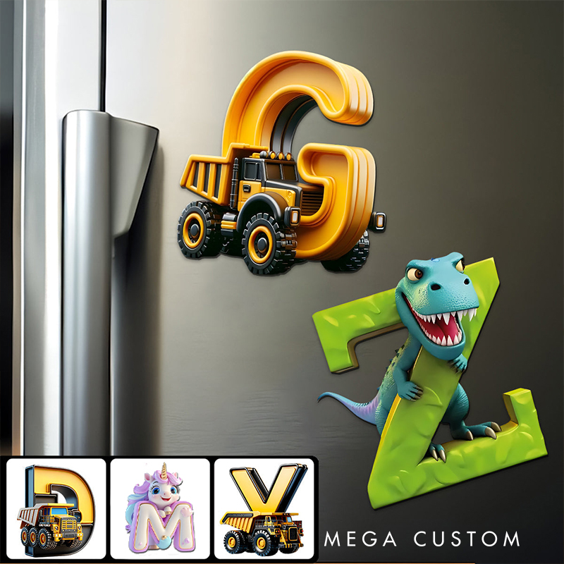 Personalized Construction Truck Dinosaur Alphabet Letter Custom Name Fun Kids Room Educational Colorful Decorative Refrigerator Magnets