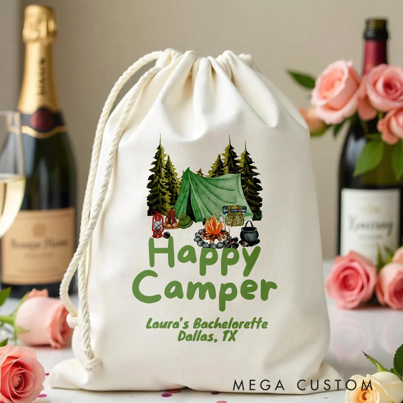Personalized Custom Happy Camper Bachelorette Party Favor Bag Tree Mountain Party Pouch Guest Return Gift Bag