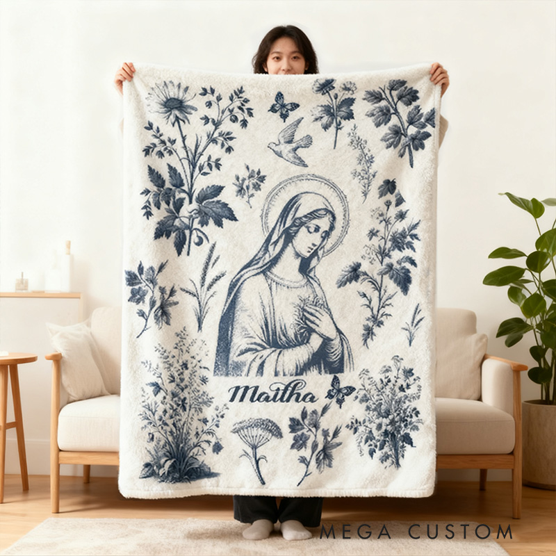 Personalized Catholic Virgin Mary Toile Soft Throw Blanket with Name Home Decor Our Lady Vintage Floral Catholic Marian Blanket Christian Gift for Her