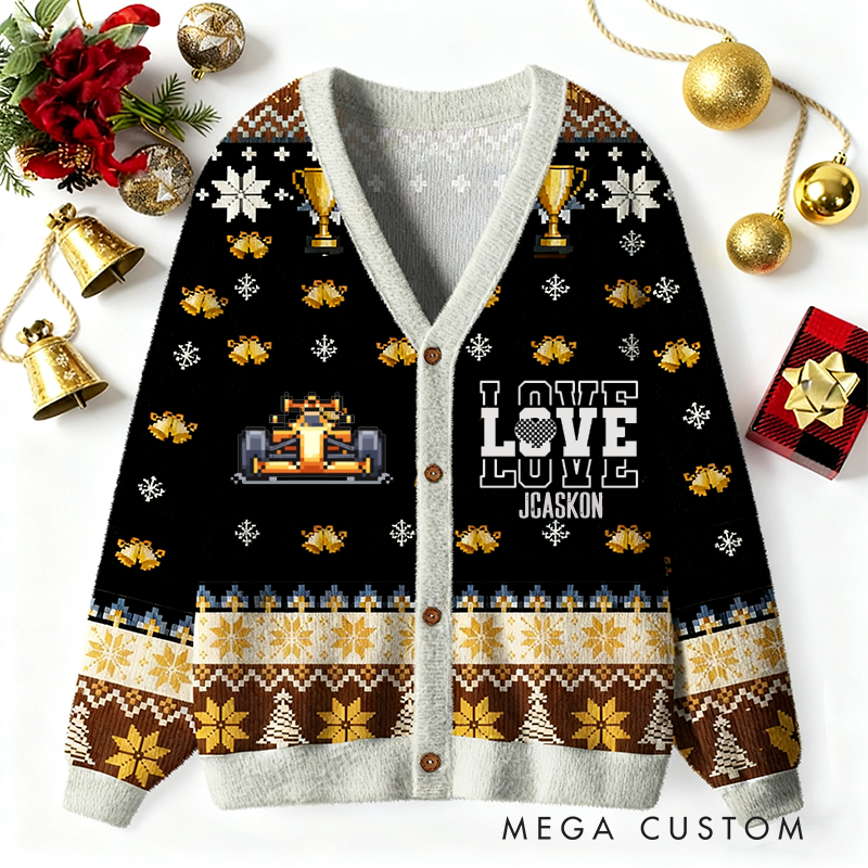 Personalized Cardigan Sweater with Custom Name and Festive Design Racing Lover Perfect Holiday Gift