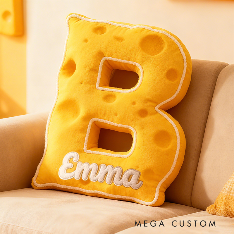 Personalized Yellow Cheese Letter Initial Custom Name Soft Decorative Gift Fun Kitchen Theme Kids Room Alphabet Shape Graphic 3D Print Pillow