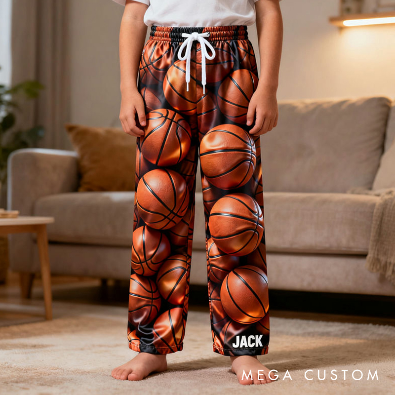 Personalized Basketball Pattern Pajama Pants with Custom Name for Sports Enthusiasts