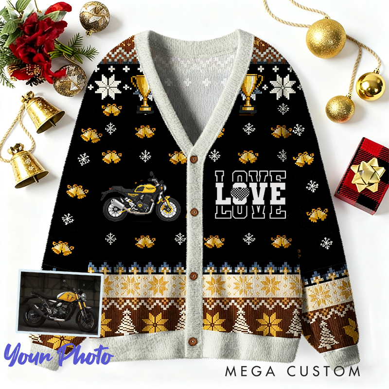 Personalized Motorcycle Lover Cardigan Sweater with Custom Photo and Festive Design Perfect Holiday Gift
