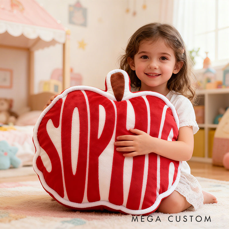 Personalized Red Apple Shape Custom Name Soft Decorative Gift Cute Nursery Classroom Fruit Style Cozy Kids Room Graphic 3D Print Pillow