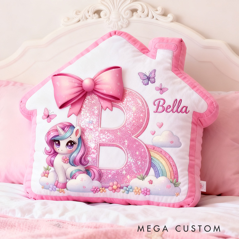 Personalized Unicorn Pillow Pink House-Shaped 26 Letters Custom Name Design Perfect for Girl's Bedroom Decor and Gift Idea Graphic 3D Print