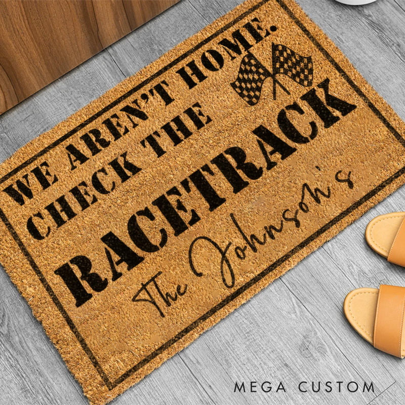 Personalized Racing Welcome Mat Custom Name We Arent Home Check the Racetrack Doormat Gift for Car Lovers and Motorsports Fans