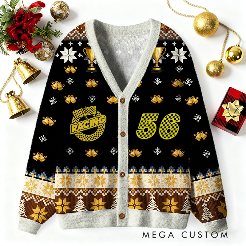 Personalized Racing Cardigan Sweater with Custom Number and Festive Design Perfect Christmas Gift