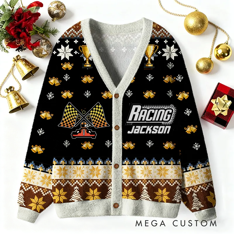 Personalized Racing Cardigan Sweater with Custom Name and Festive Design Perfect Christmas Gift