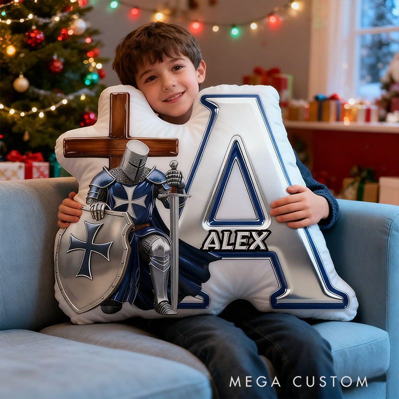 Personalized Knight of God Letter Pillow with Custom Name Home Decor Shield and Cross Graphic 3D Print Pillow Religious Christian Faith Gift