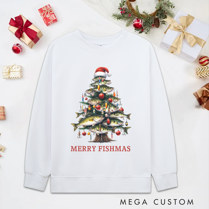 Personalized Festive Fish Tree Bass Sweatshirt Fisherman Christmas Tree Sweatshirt Cozy Funny Fishing Gift Holiday Gift for Fishing Enthusiasts
