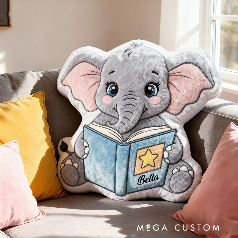 Personalized Reading Elephant Throw Pillow Graphic 3D Print Animal Pillow with Name for Kids Boys Girls Book Lover Gifts Birthday Gift