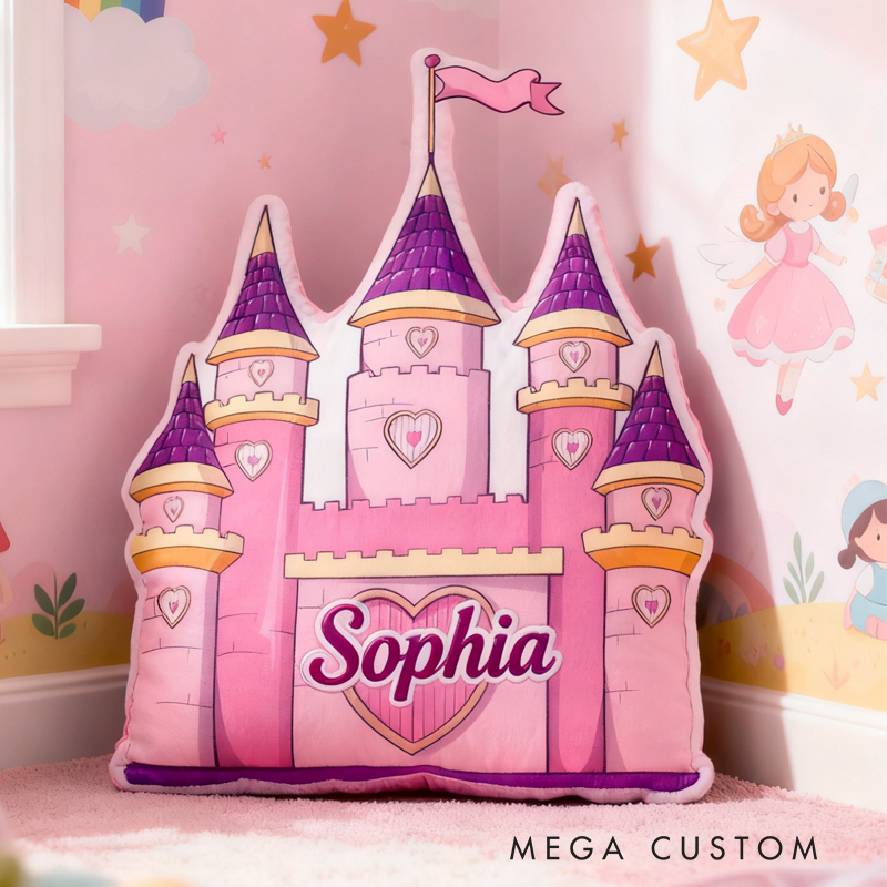Personalized Cute Pink and Purple Castle with Name Graphic 3D Print Pillow Christmas Gift for Kids 