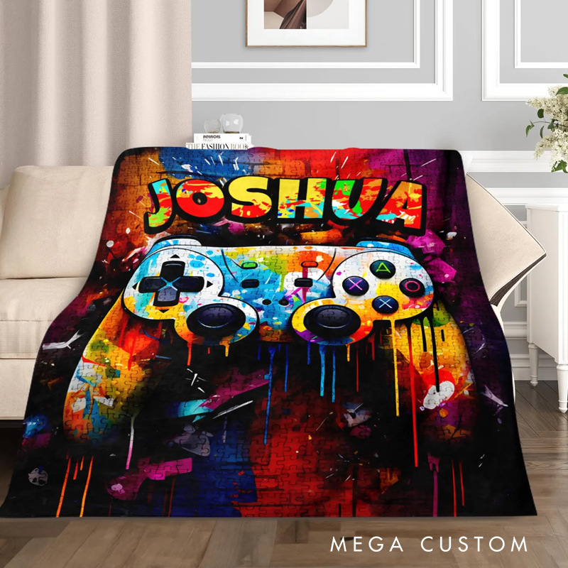 Personalised Custom Gaming Blanket with Name Blanket Kids Blanket Gamepad Blanket for Him Geek Lover