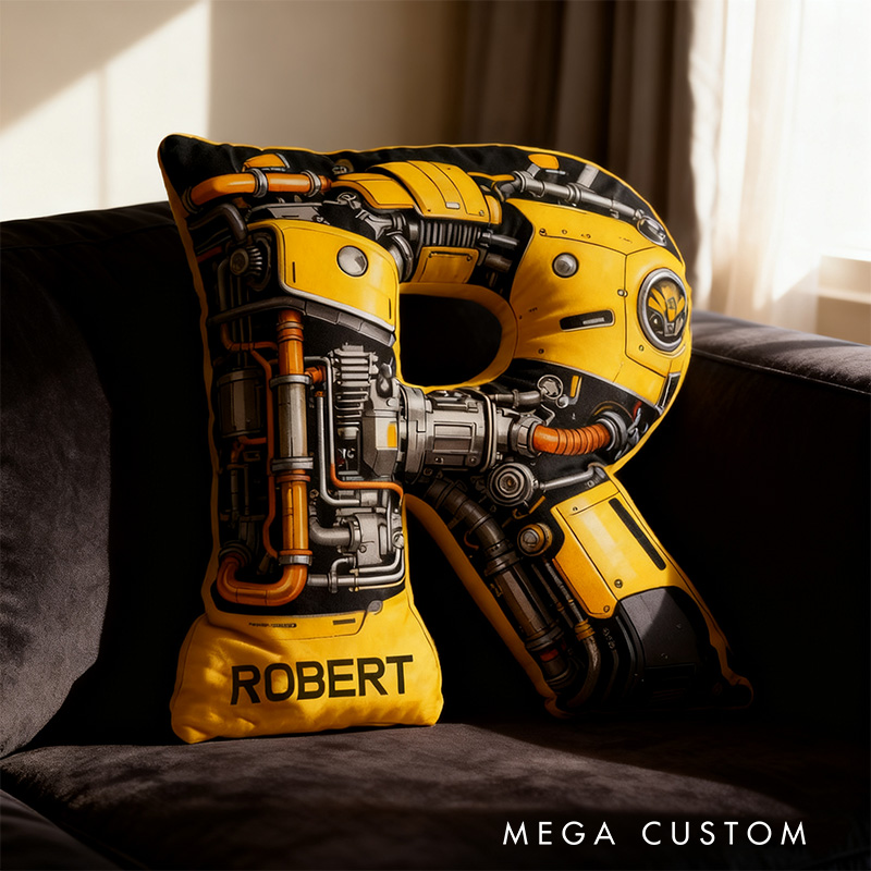 Personalized Yellow Machine Alphabet Shaped Pillow for Movie Lovers Initial Pillow Christmas Gift for Boys Kids