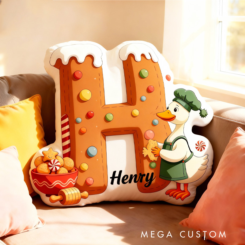 Personalized Christmas Goose Alphabet Throw Pillow Graphic 3D Print Gingerbread Letters with Name Goose Baker Festive Decor Gift for Kids Boys Girls Family 