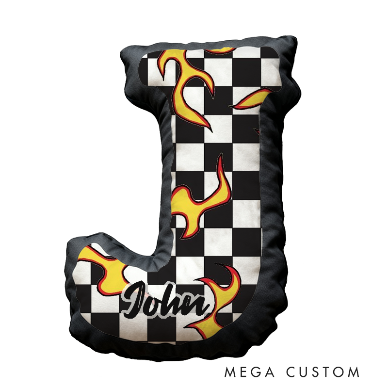 Personalized Racing Flame Pillow Custom Initial Checkered Flag Design Cushion 3D Print Gift for Motorsports Fans