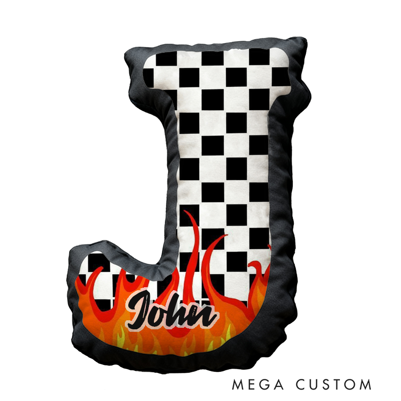 Personalized Racing Flame Pillow Custom Initial Checkered Flag Design Cushion 3D Print Gift for Speed Enthusiasts