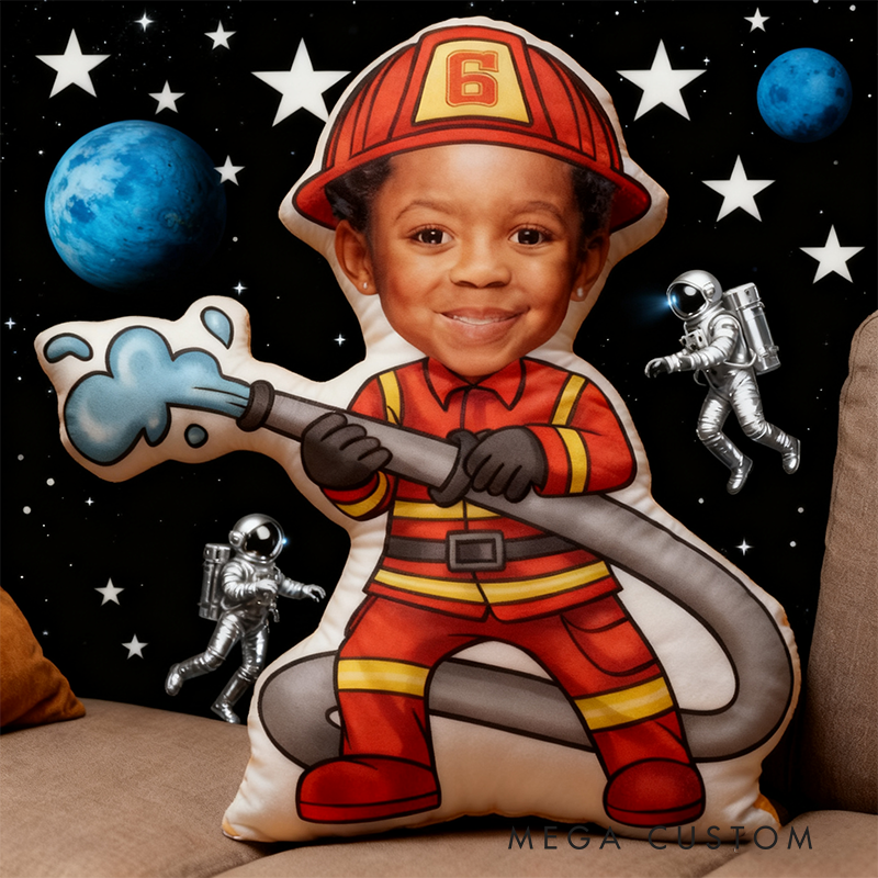 Personalized Firefighter Kids Pillow Custom Photo Design Cushion Fun Gift for Firefighters Children 