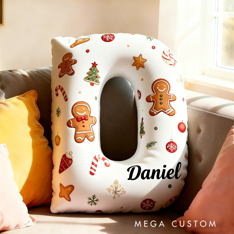 Personalized Gingerbread Cookie Alphabet Throw Pillow Graphic 3D Print Christmas Letters with Name for Baker Festive Decor Gift for Kids Boys Girls Family 