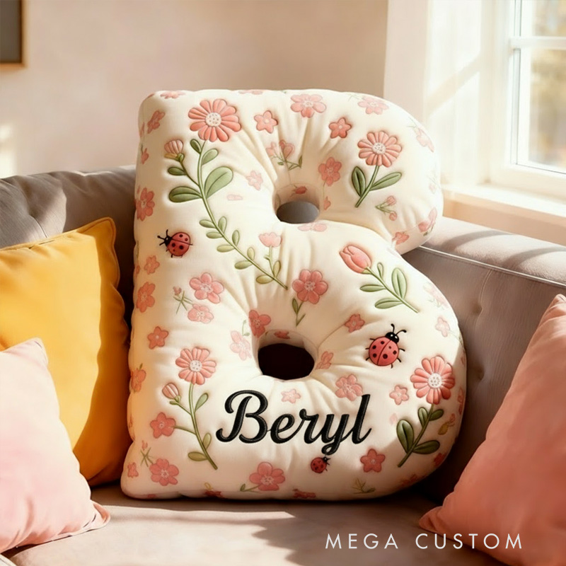 Personalized Boho Flower Letter Pillow Graphic 3D Print Pillow Custom Name Pillow for Kids Gardening Lovers Gift