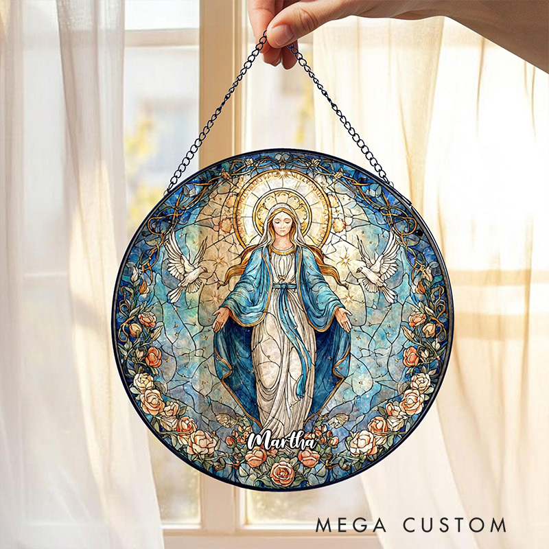Personalized Virgin Mary Stained Glass Suncatcher Ornament with Name Our Lady of Grace Round Window Hanging Blue Rose Halo Home Decor Catholic Gift