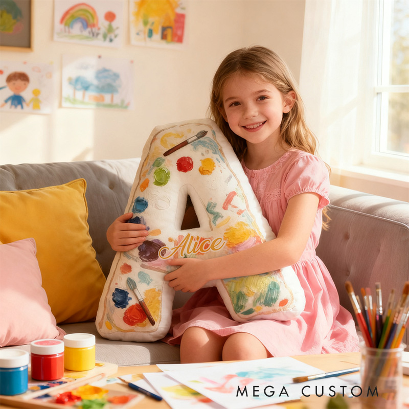 Personalized Graphic 3D Print Oil Painting Artist Alphabet Shaped Pillow for Art Lovers Initial Pillow Christmas Gift for Kids