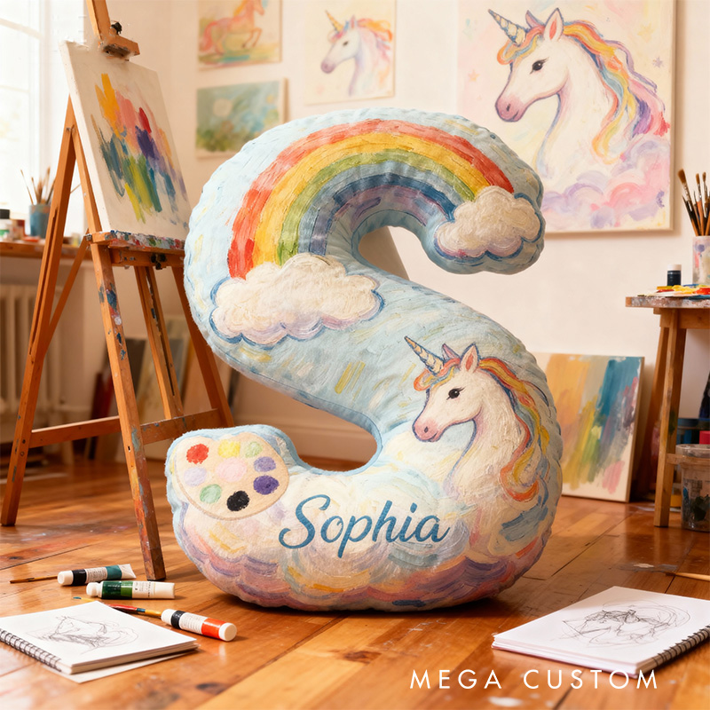 Personalized Graphic 3D Print Oil Painting Style Rainbow Alphabet Shaped Pillow for Art Lovers Initial Pillow Christmas Gift for Kids